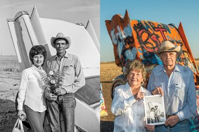 1974 Marion and Jessie Kinsey and again with the same Cadillac at Cadillac Ranch in 2018