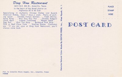 196x Amarillo - Ding How Resaturant (postcard back)